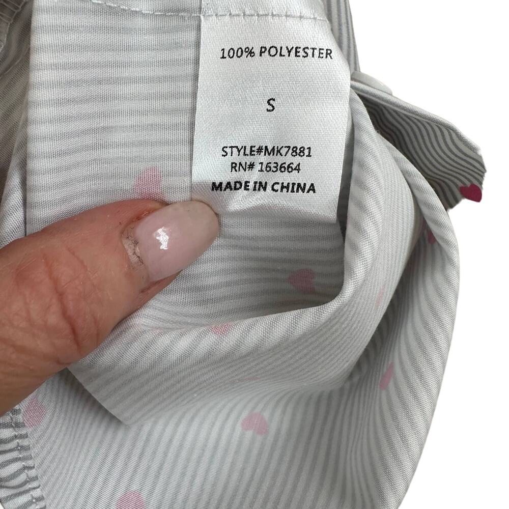 Long Sleeve Cotton Button Up Blouse White Gray Pinstripe Heart Ruffle Small - Picture 9 of 10